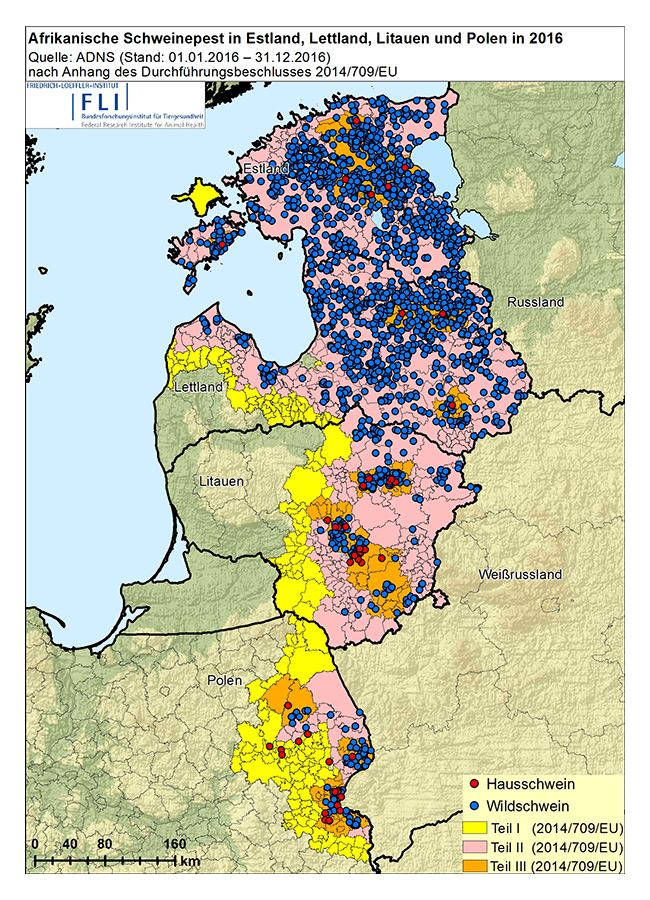 Karte: Gesamtübersicht 2016 - ASF in Lettland, Litauen, Polen und Estland
