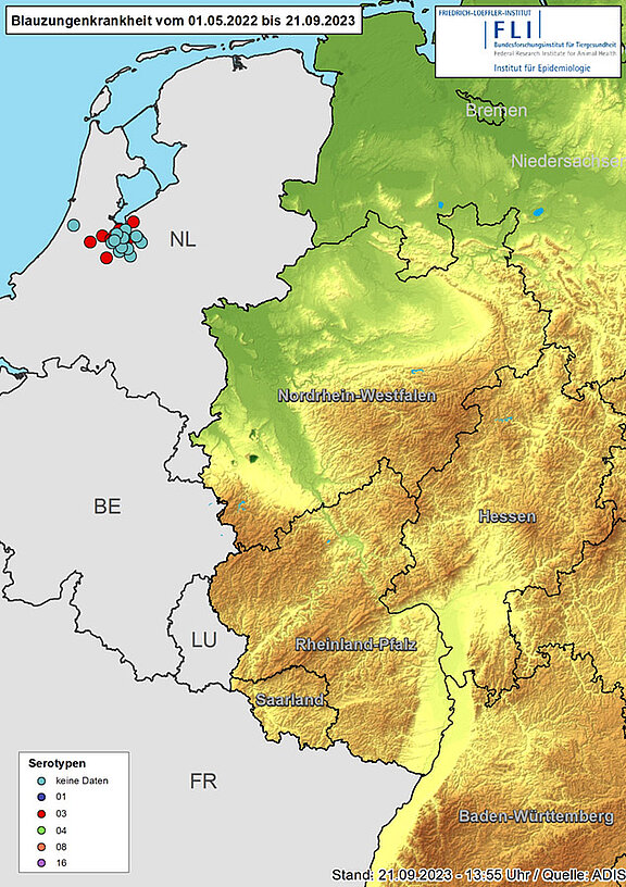 Kartenausschnitt: Ausbrüche von Blauzungenkrankheit in Deutschland und den Niederlanden, seit 01.05.2022, Stand 21.09.2023