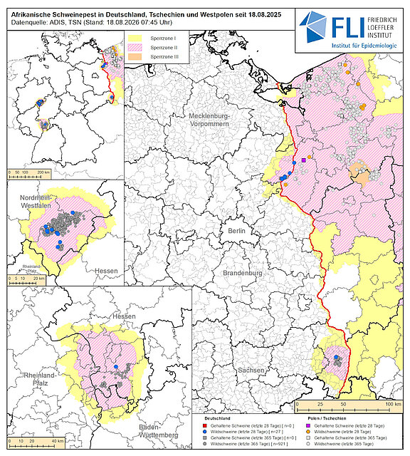 Karte: ASP Restriktionszonen in Deutschland, Tschechien und Westpolen, Stand 18.08.2026