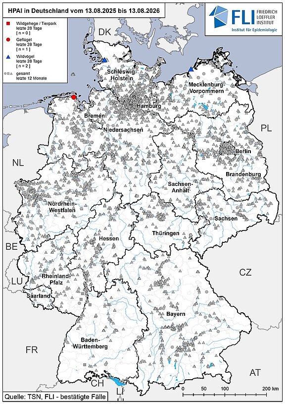 Karte: HPAI in Deutschland, Stand 13.08.2026