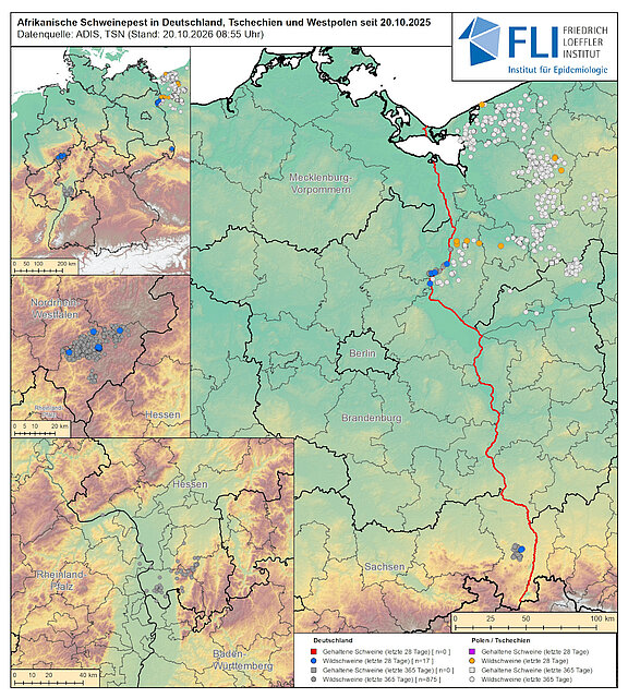 Karte: ASP in Deutschland, Tschechien und Westpolen, Stand 20.10.2026
