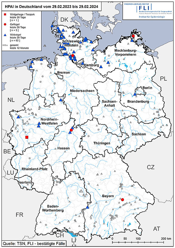 Karte: HPAI in Deutschland, Stand 29.02.2024