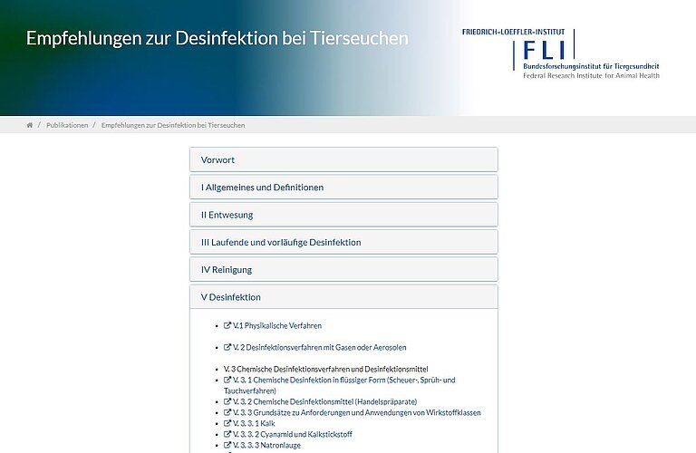 Screenshot der "Empfehlungen zur Desinfektion bei Tierseuchen" auf der FLI-Webseite