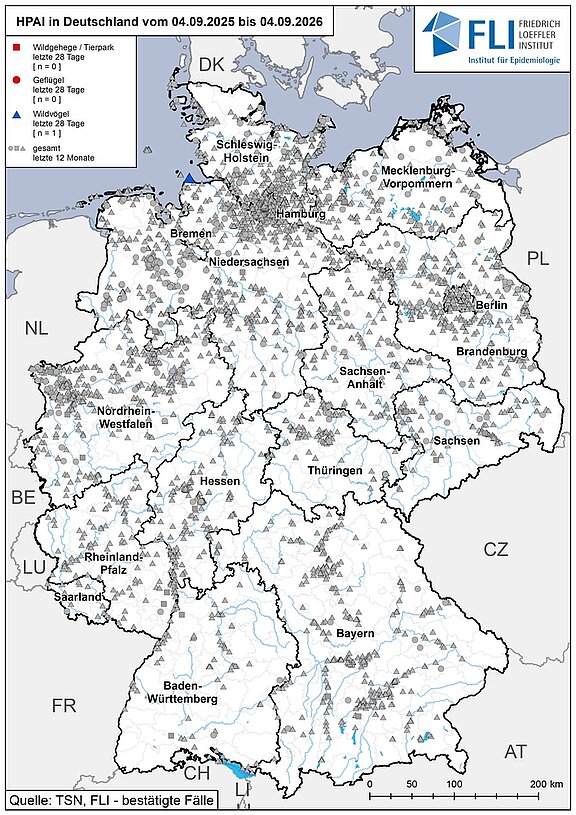 Karte: HPAI in Deutschland, Stand 04.09.2026