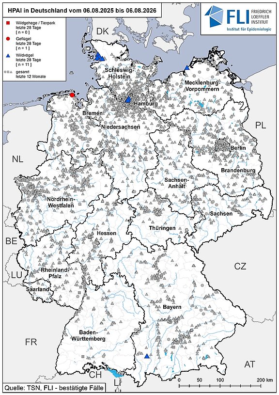 Karte: HPAI in Deutschland, Stand 06.08.2026
