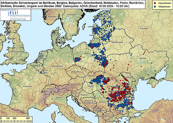 Karte: ASF im Baltikum, in Belgien, Bulgarien, Griechenland, Moldawien, Polen, Rumänien, Serbien, der Slowakei, der Ukraine und Ungarn 2020, Stand 10.09.2020